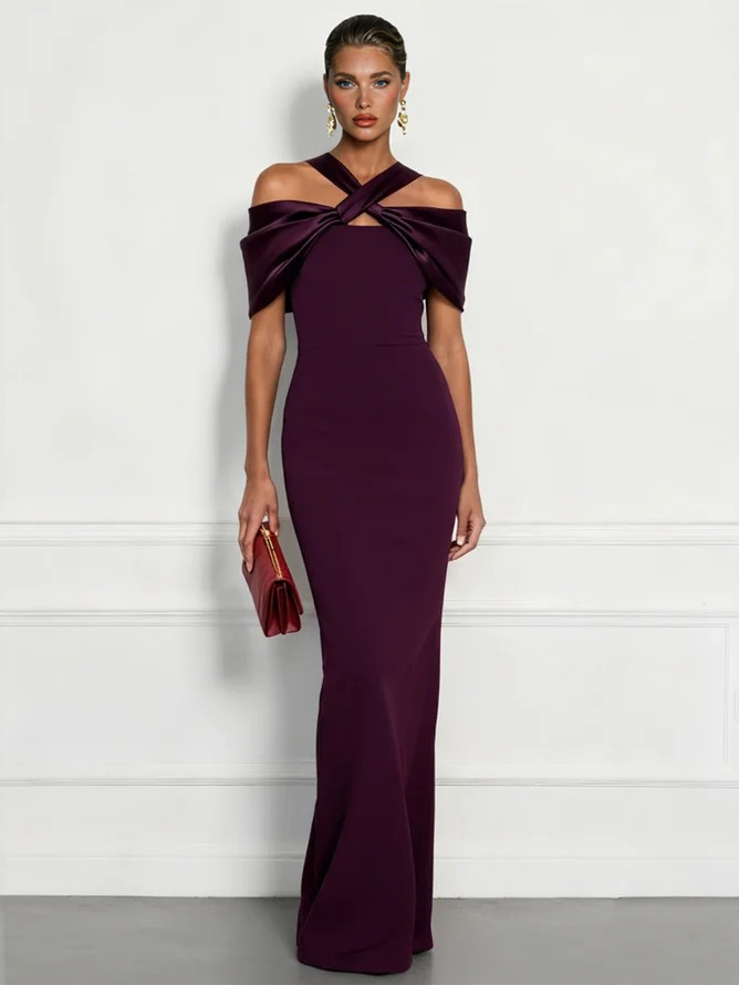 Elegant Satin Twist Neck Backless Maxi Dress