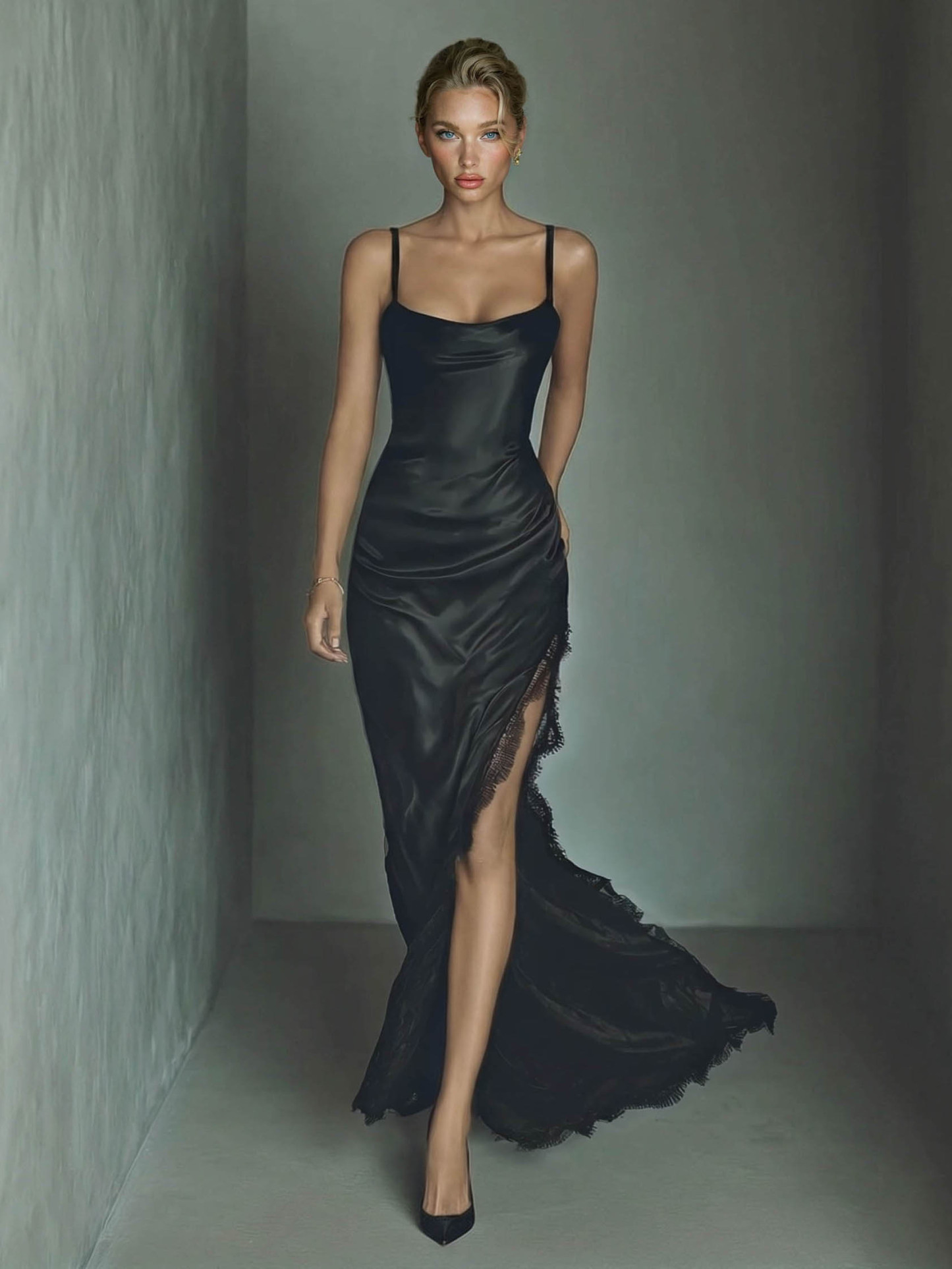 Elegant Lace-trimmed Satin Maxi Dress