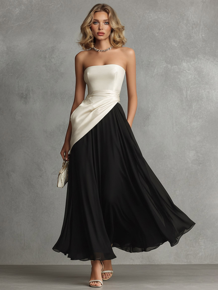 Elegant Color-Block Strapless Satin Maxi  Dress
