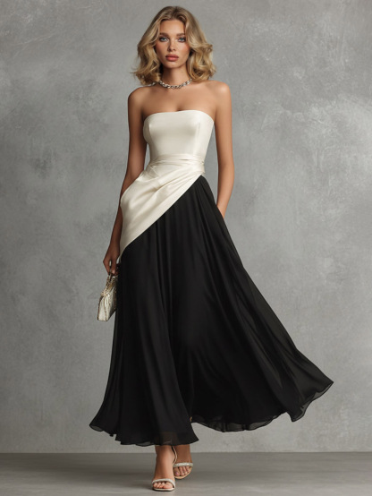 Elegant Color-Block Strapless Satin Maxi Dress