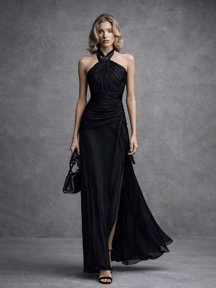 Elegant Halter-neck Pleated Maxi Dress