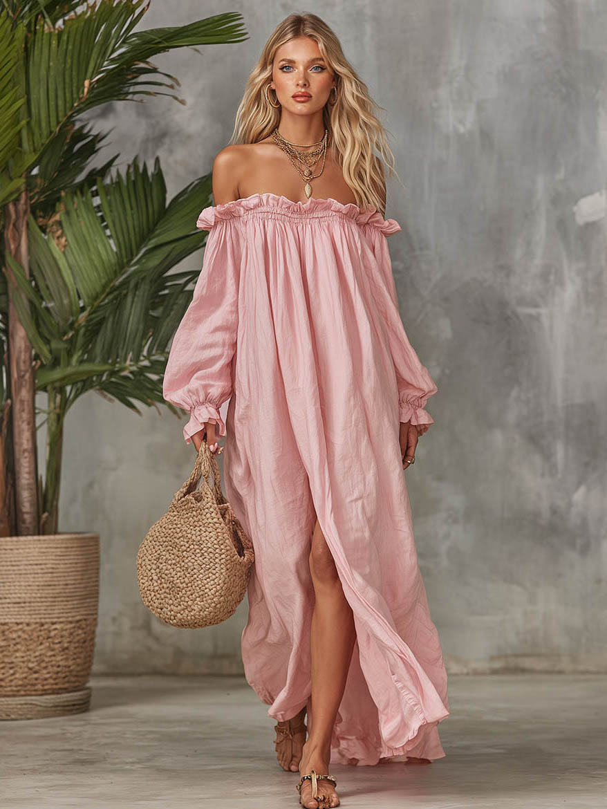 Casual Off-Shoulder Puff Sleeve Ruffle Maxi Dress