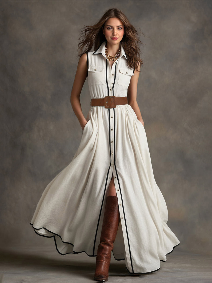 Elegant Piped Collar Shirt-style Maxi Dress