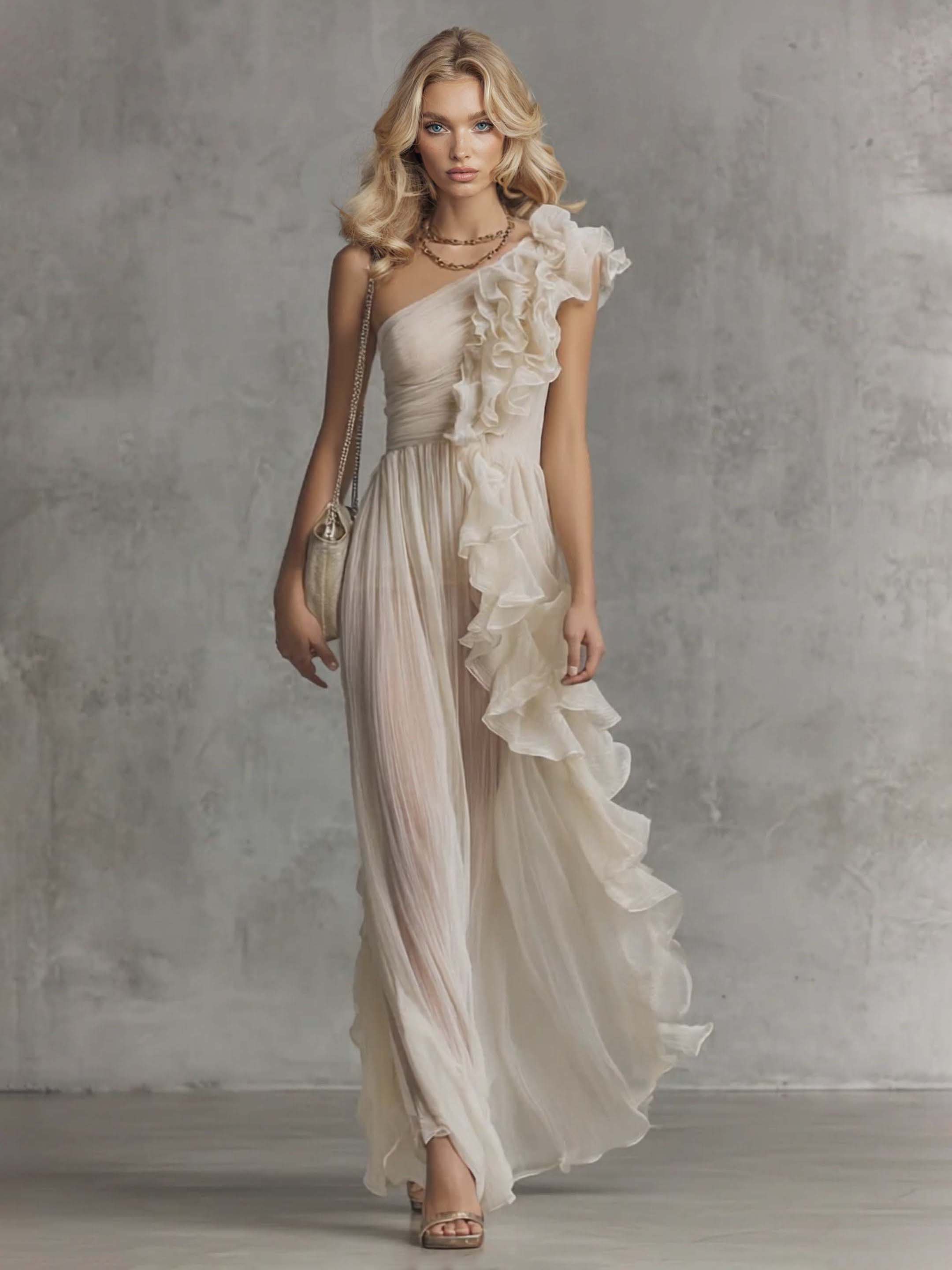 Elegant One-Shoulder Ruffle Chiffon Pleated Maxi Dress