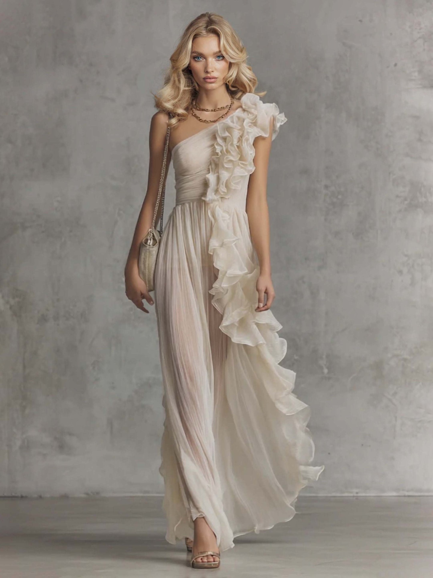 Elegant One-Shoulder Ruffle Chiffon Pleated Maxi Dress