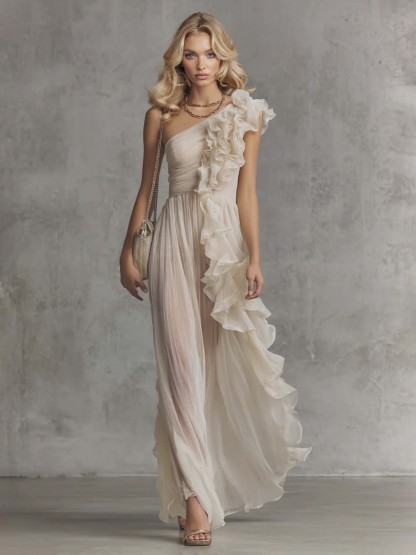 Elegant One-Shoulder Ruffle Chiffon Pleated Maxi Dress