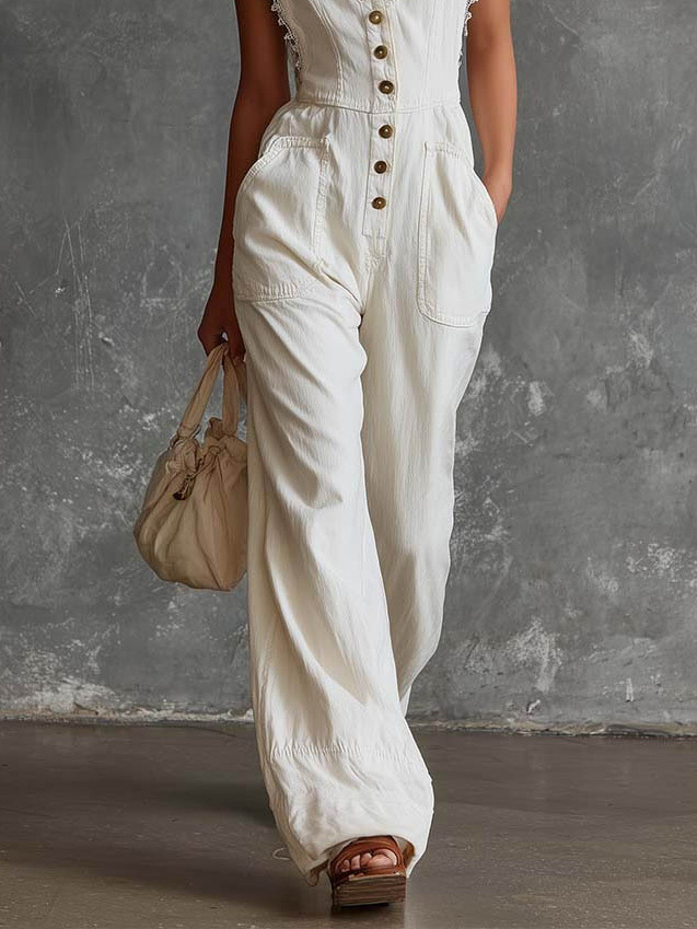 Resort Style Sleeveless Button-Up Wide-Leg Jumpsuit