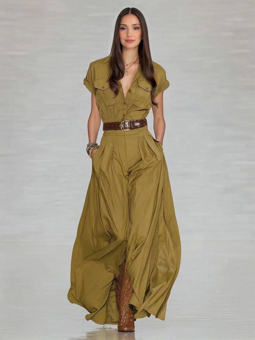 Resort Style Olive Green Belted Maxi Dress