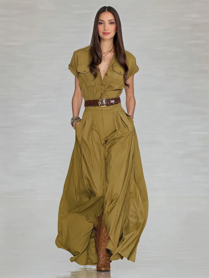 Resort Style Olive Green Belted Maxi Dress