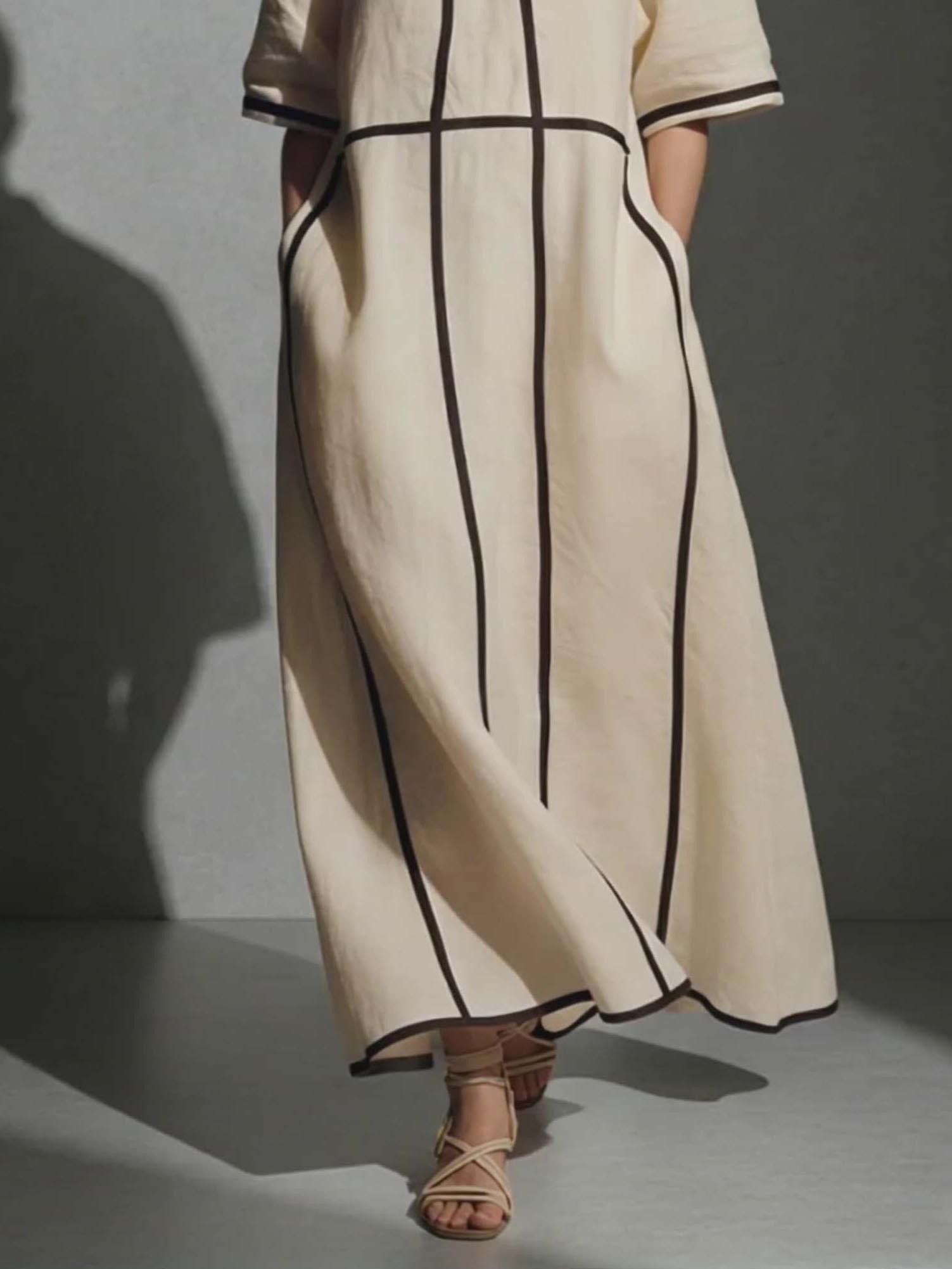 Minimalist Beige Linen Black Piping Midi Dress