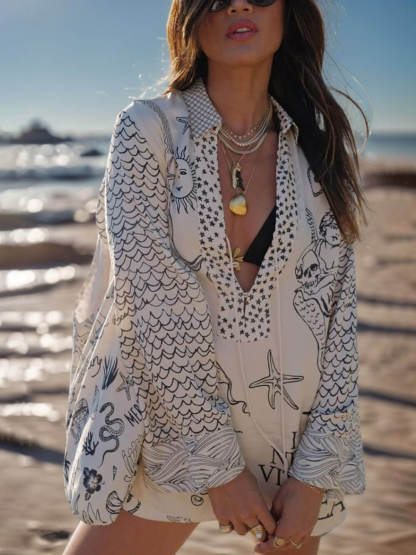 Unique Live By Water Satin Print Tassle Shirt and Elastic Waist Shorts Set