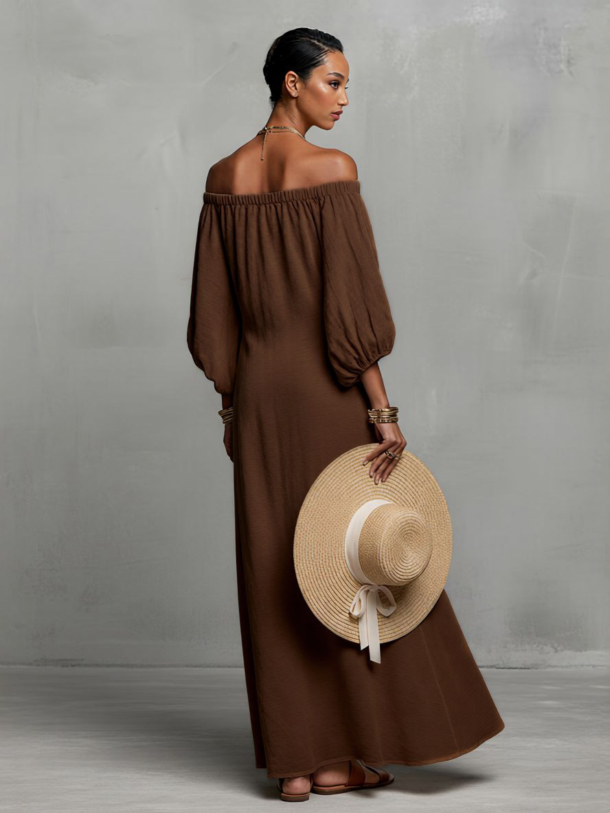 Bohemian Brown Floral Embroidered Off-Shoulder Maxi Dress