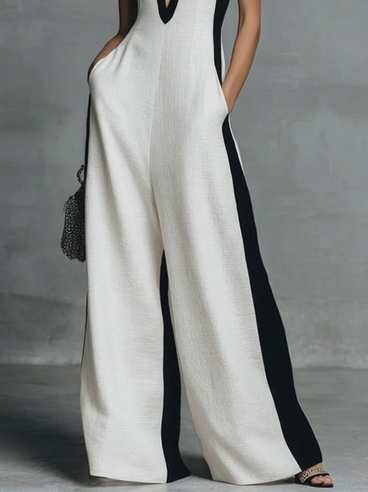 Elegant Sleeveless Deep V-Neck Contrast-Panel Wide-Leg Jumpsuit