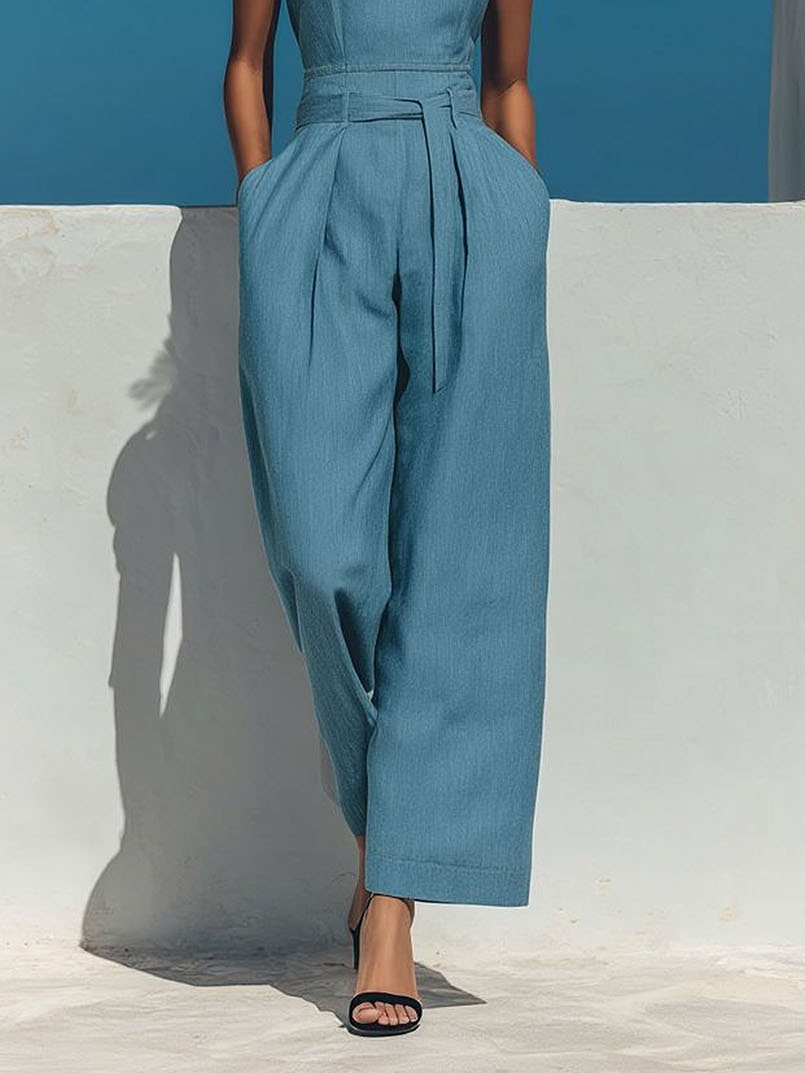 Structured Halter Neck Pleated Wide-Leg Jumpsuit