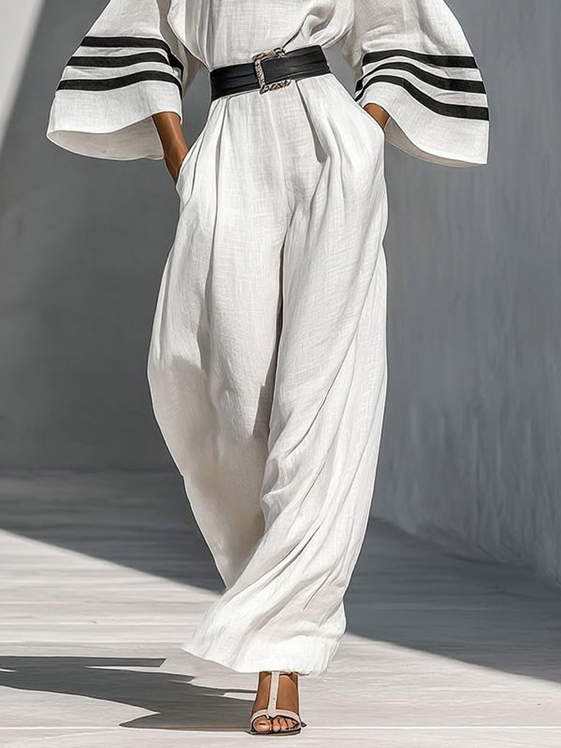 Minimalist Striped Tie-Waist Bell-Sleeve Jumpsuit