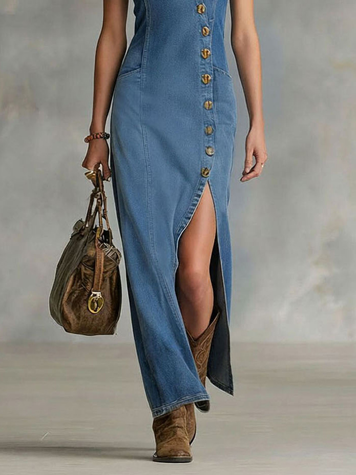 Button-Front Sleeveless Denim Maxi Dress