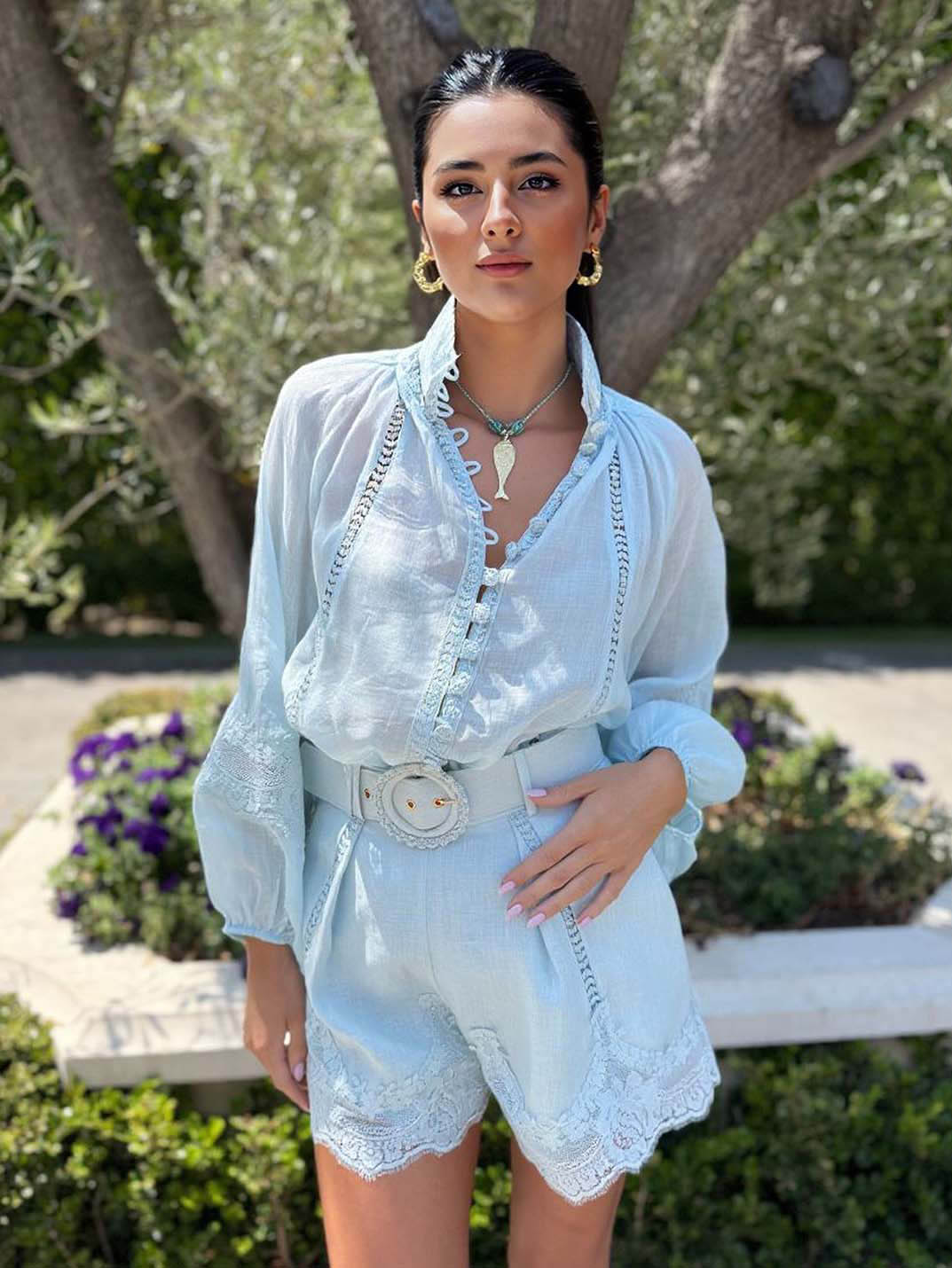 Romantic Lace-Trimmed Shorts Two-Piece Set