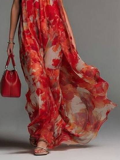 Elegant Watercolor Floral Backless Sheer Maxi Dress