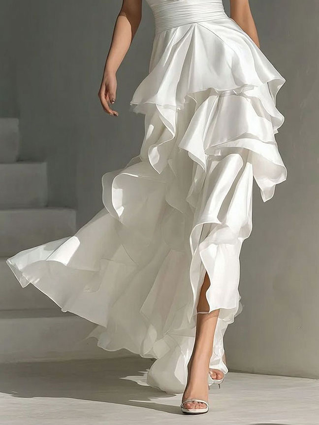 Elegant Satin Deep V-Neck Layered Ruffle Maxi Dress