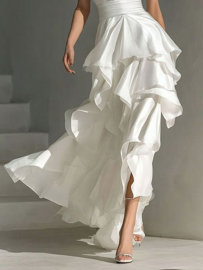 Elegant Satin Deep V-Neck Layered Ruffle Maxi Dress