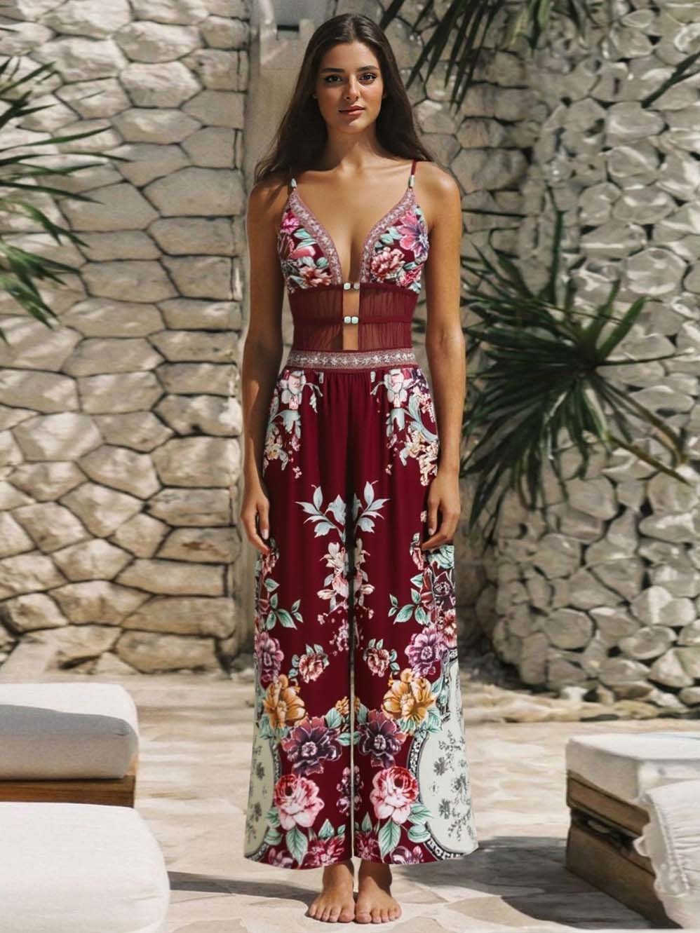 Floral Openwork Mesh One-Piece Swimsuit & Pants Set