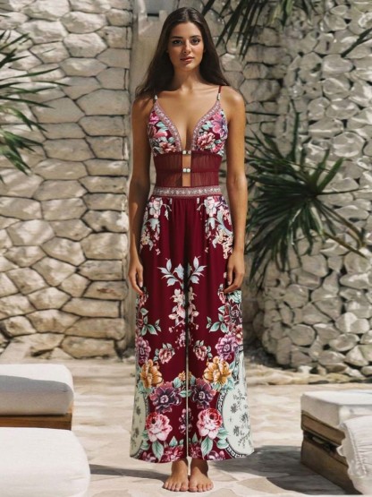 Floral Openwork Mesh One-Piece Swimsuit & Pants Set