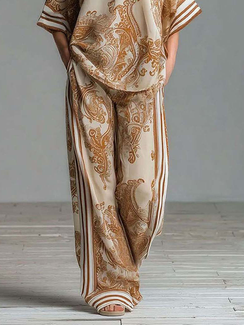 Bohemian Paisley Print Top & Wide-Leg Pants Two-Piece Set