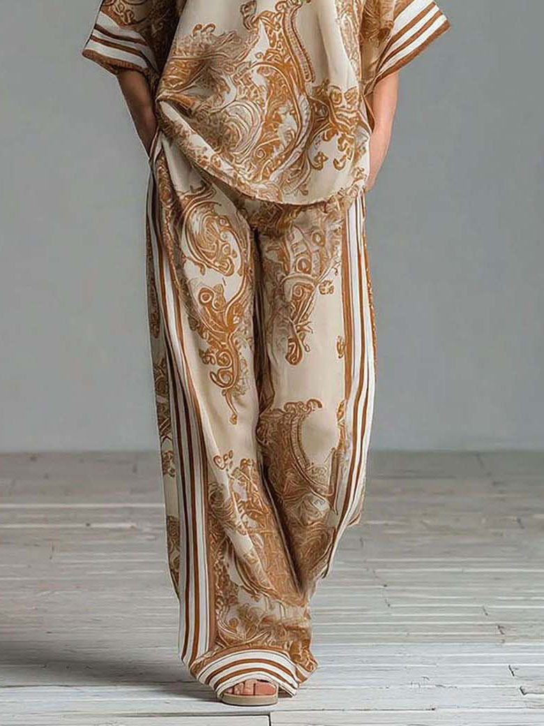 Bohemian Paisley Print Top & Wide-Leg Pants Two-Piece Set