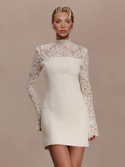 Elegant Sheer Lace High-Neck Mini Dress