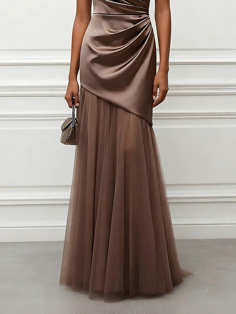 Elegant Strapless Draped Satin And Evening Gown