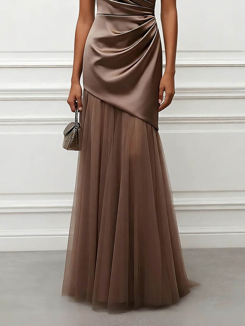 Elegant Strapless Draped Satin And Evening Gown