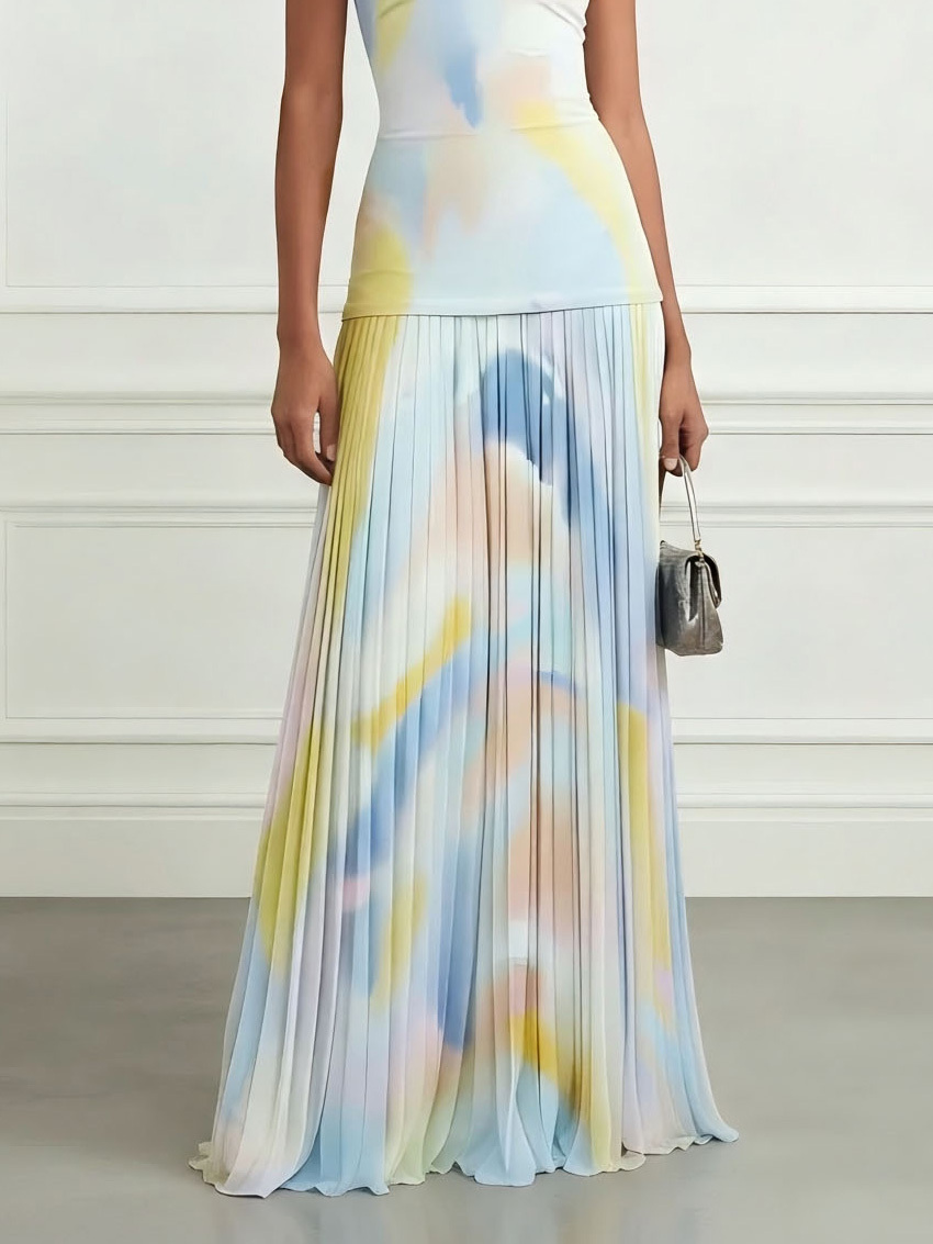 Elegant Watercolor Print Pleated Maxi Dress