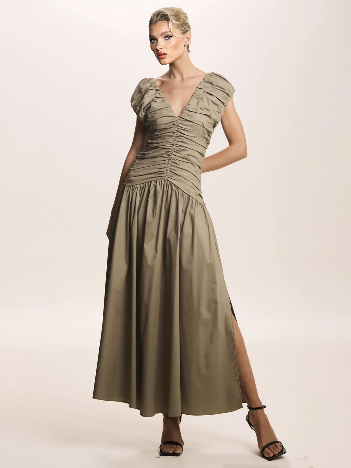 Elegant Pleated V-neck Midi Dress