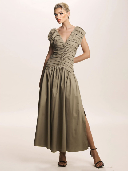 Elegant Pleated V-neck Midi Dress