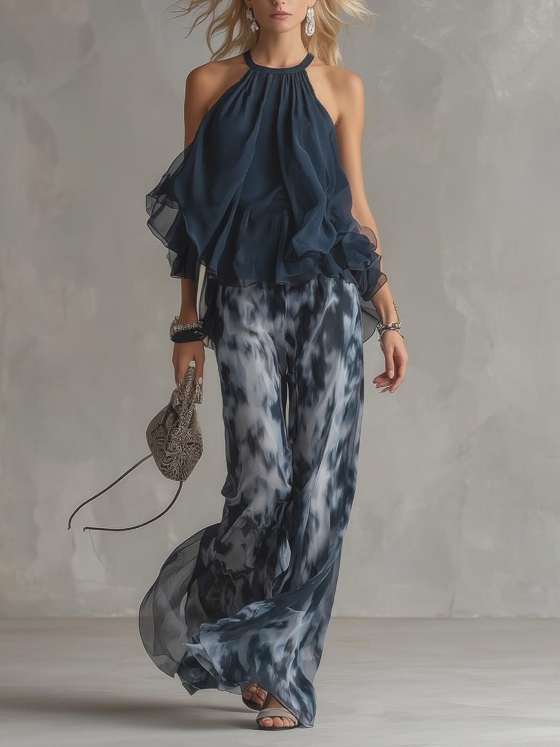 Elegant Halter Ruffle Chiffon Top & Abstract Print Wide-Leg Pants Two-Piece Set