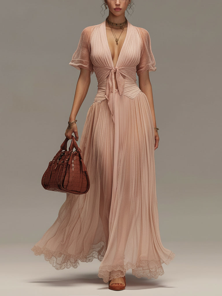 Elegant Pleated V-Neck Ruffle Sleeve Maxi Dress