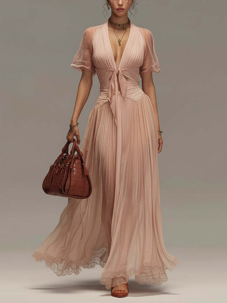 Elegant Pleated V-Neck Ruffle Sleeve Maxi Dress