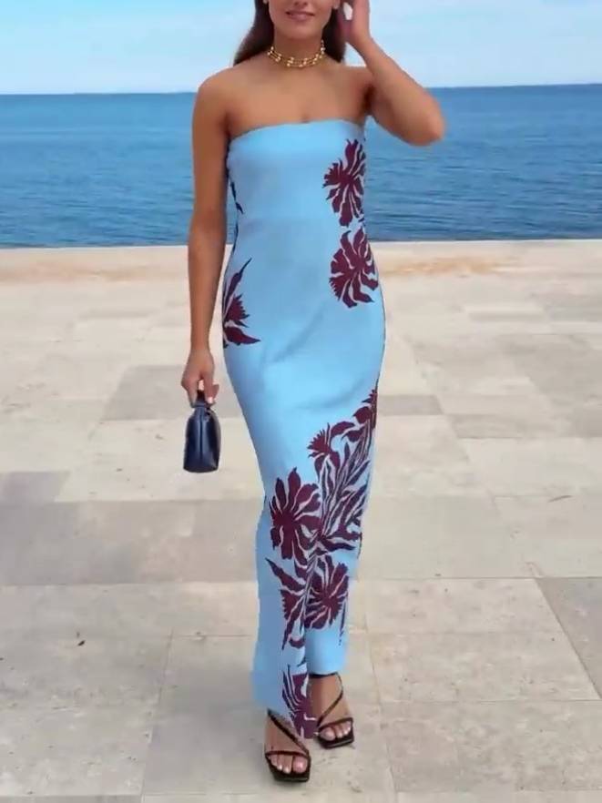 Contrast Color Printed Tube Top Maxi Dress