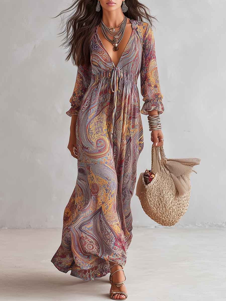 Retro Multicolor Swirl Print Flowy Maxi Dress