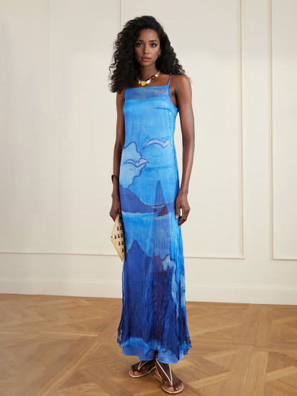 Retro Pleated Print Chiffon Slip Maxi Dress