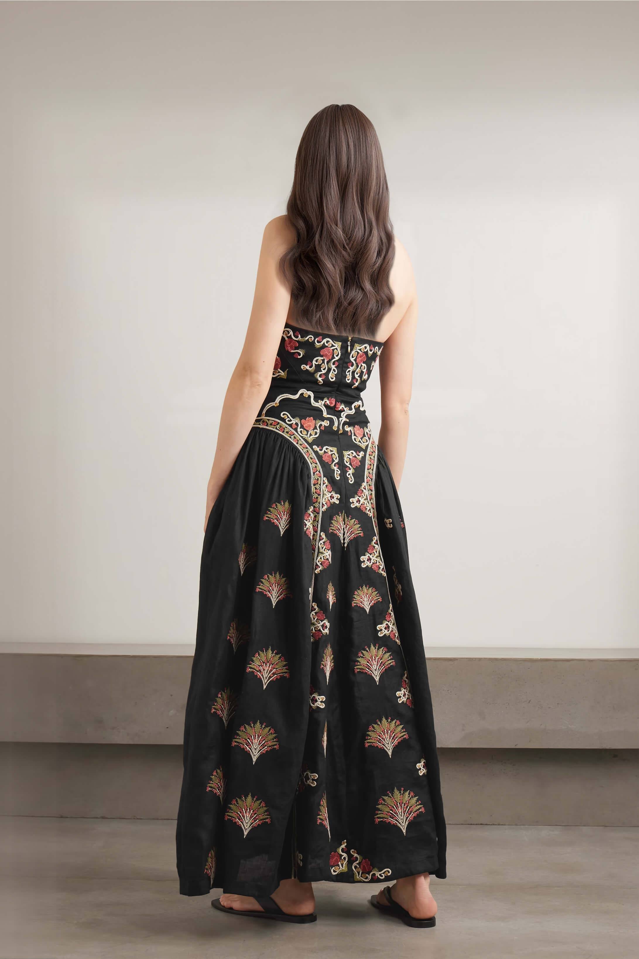 Retro Pleated Print Linen Backless Maxi Dress