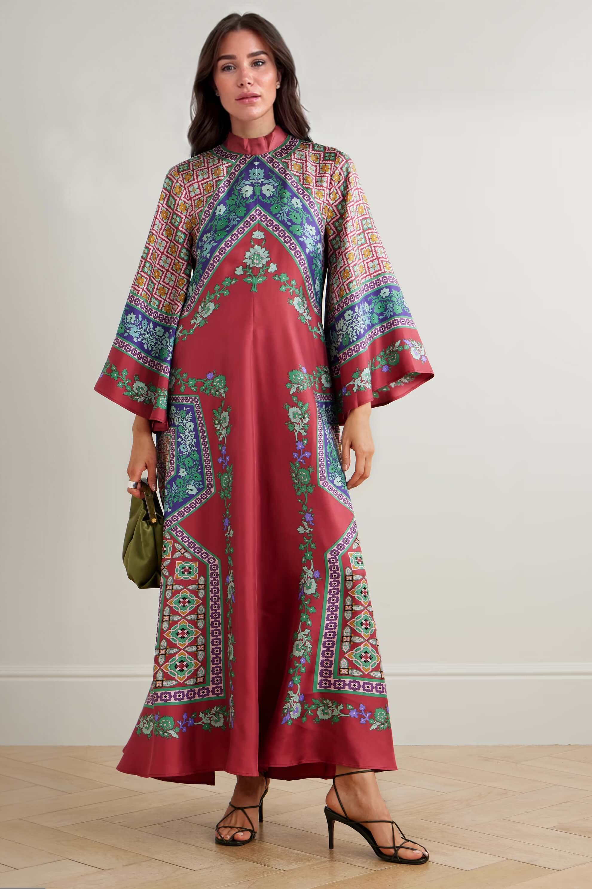 Exquisite Floral Print Tie-Detail Satin Maxi Dress