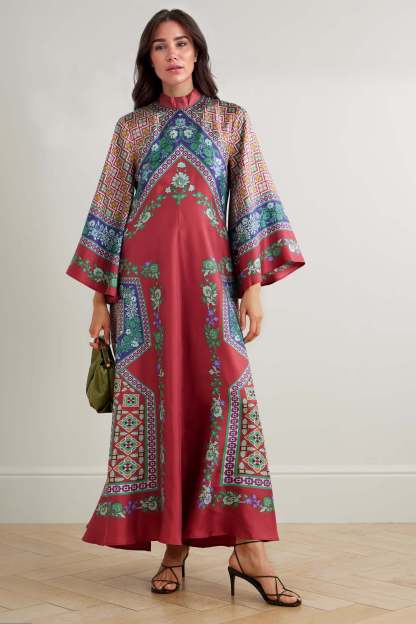 Exquisite Floral Print Tie-Detail Satin Maxi Dress