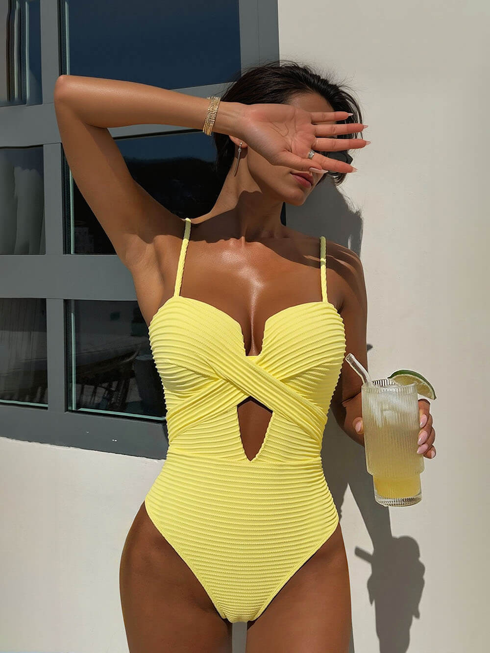 Vertical Stripe Cutout Lace-Up One-Piece Swimsuit