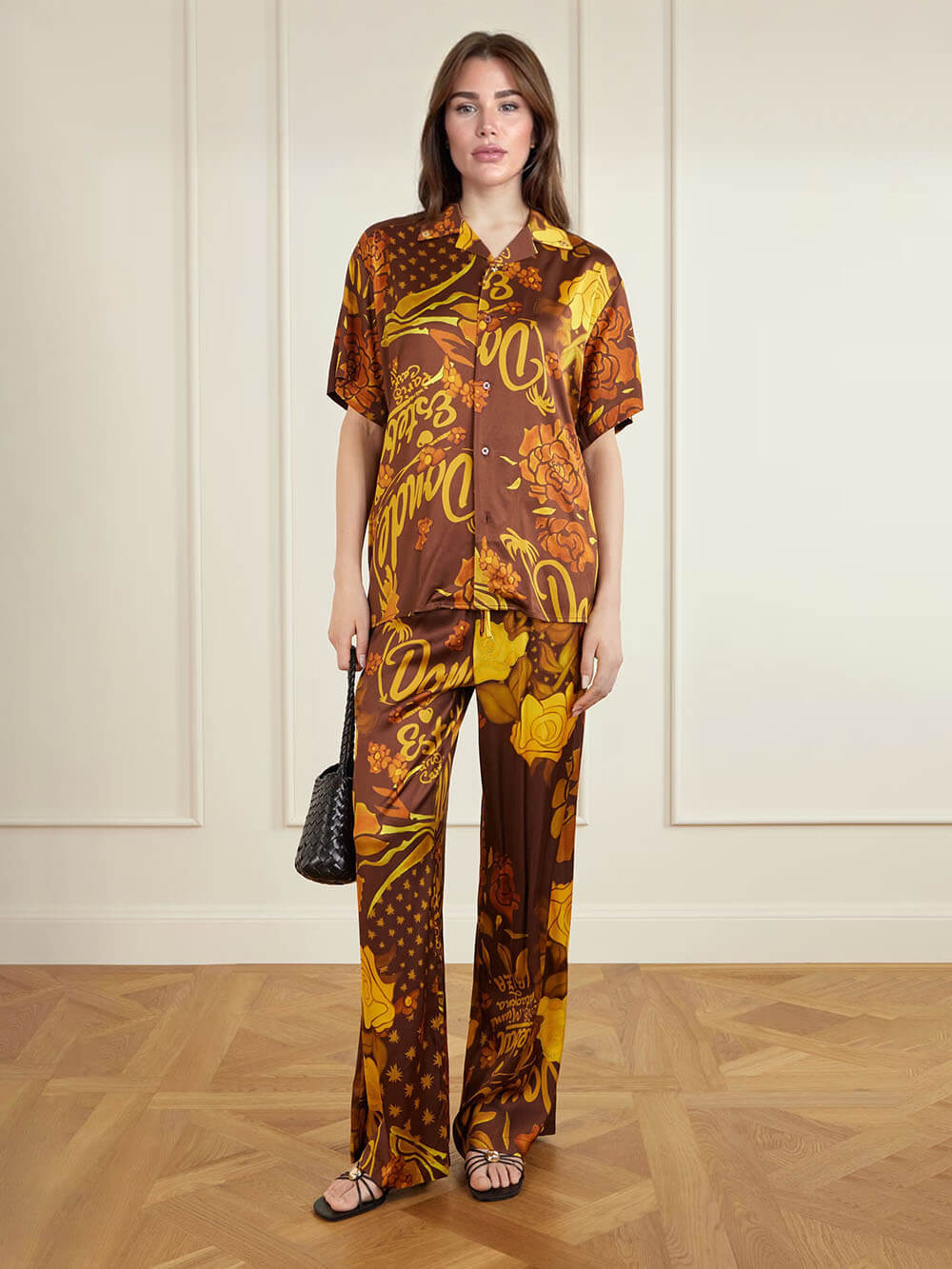 Unique Printed Satin Elastic Waist Pocket Wide-Leg Pants