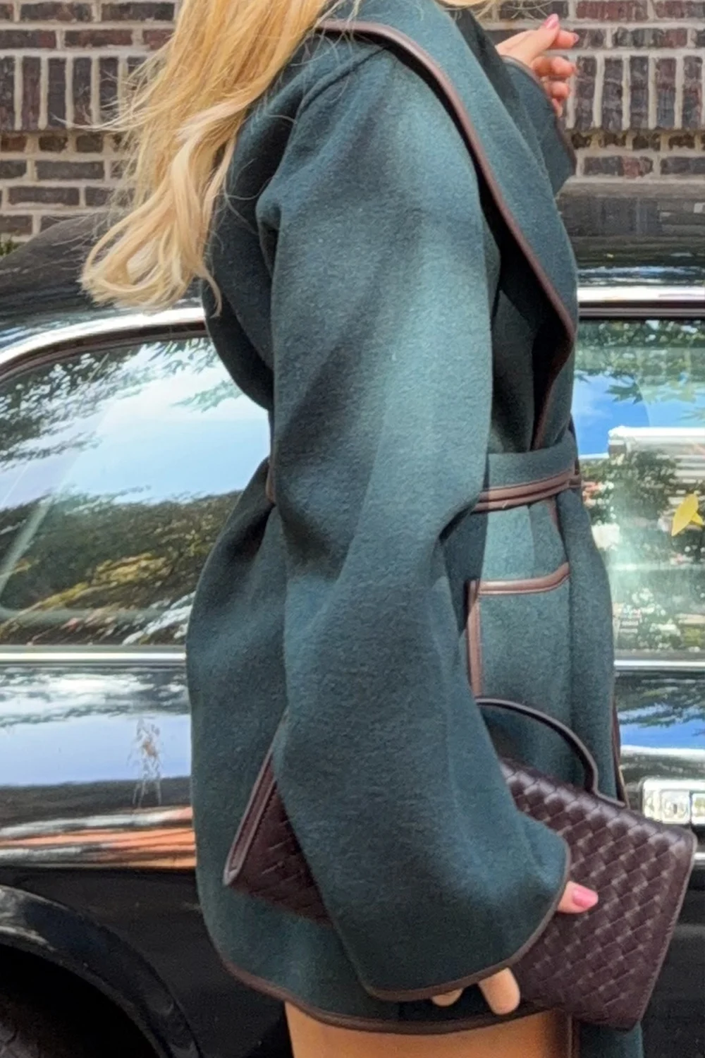 Women's Dark Green Belted Wrap Coat with Contrast Trim and Wide Sleeves [erp-image:7bdeade37235c9b792153abd]
