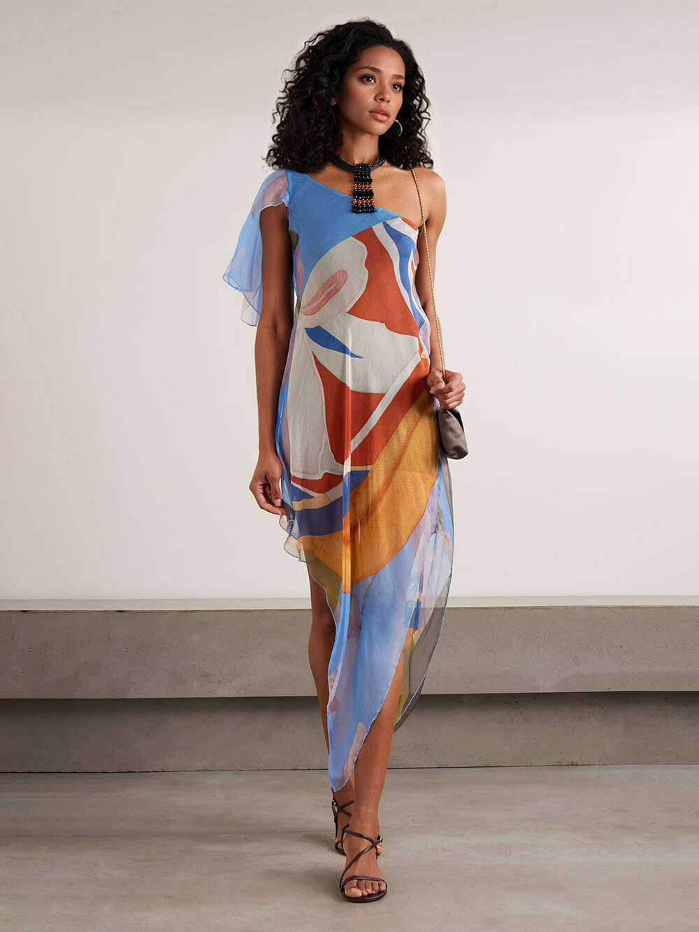 Unique One-Shoulder Asymmetrical Print Chiffon Midi Dress