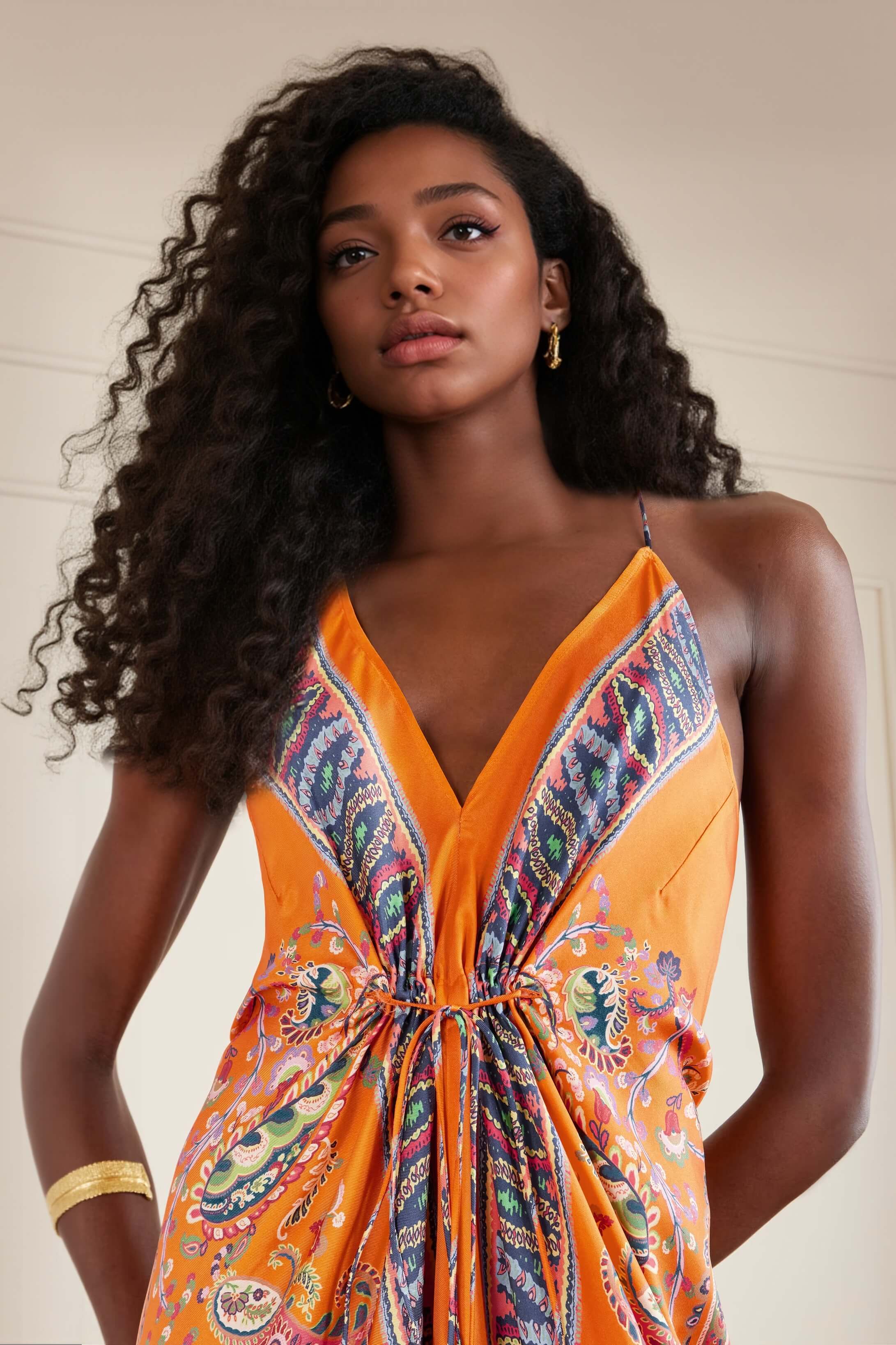 Retro Paisley Print Satin Twill Backless Spaghetti Strap Maxi Dress