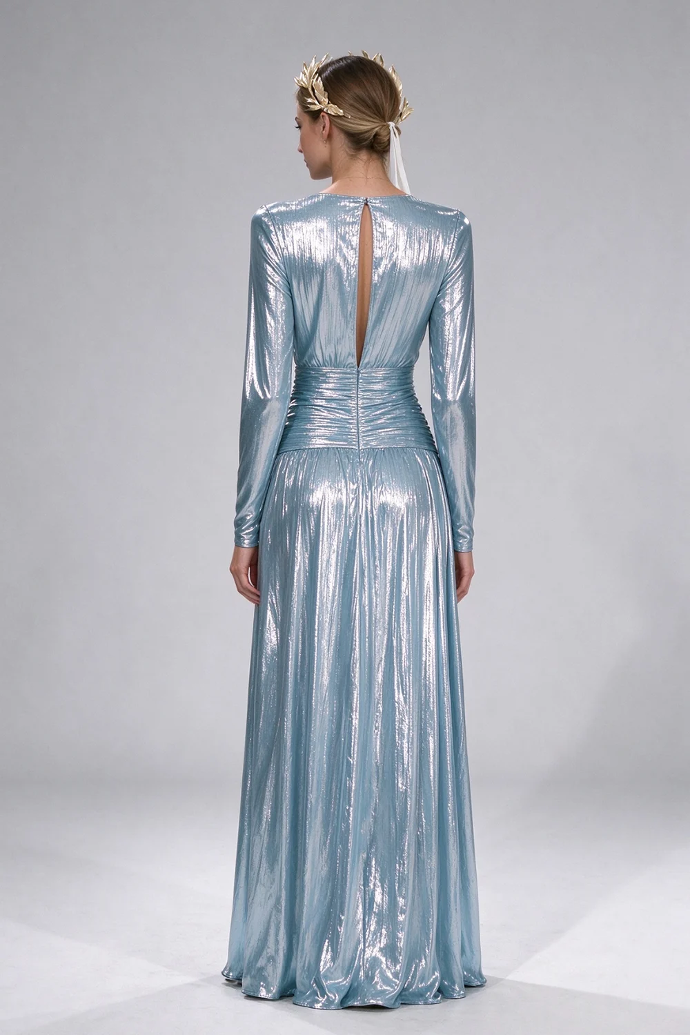 Metallic Light Blue Plunging V-Neck Long Sleeve High Slit Evening Maxi Dress [erp-image:e314cb7e1659f5dc5c854bc6]