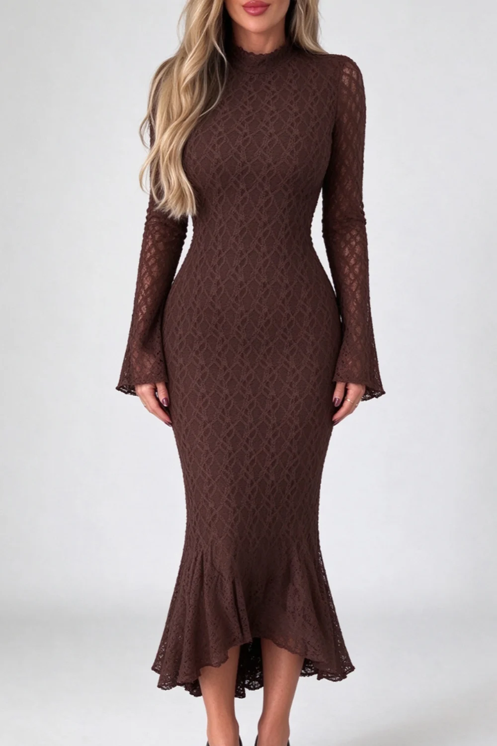 Brown Mock Neck Long Sleeve Lace Mermaid Midi Dress [erp-image:7feacf128be98dc38f03d79a]